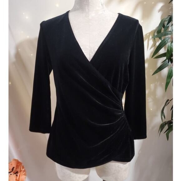 Vtg 90s Y2K Onyx Nite Velvet Side Ruched 3/4 Sleeve Faux Wrap Top Size M Black - Picture 1 of 10